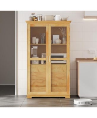 Kitchen Pantry Cabinet with Glass Doors & Drawers