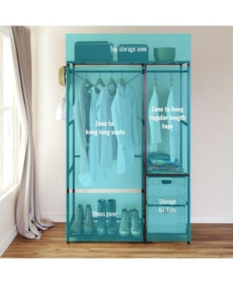 Acacia Wood Garment Rack w/ Shelves, Drawers &amp; Hooks - Light Gray