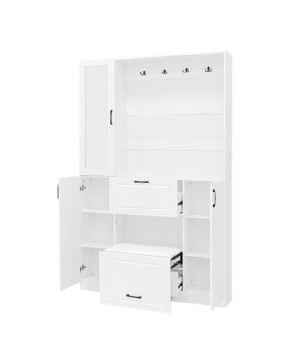  Entryway Bench with Shoe Cabinet, Hall Tree, Hooks & Foldable Seat