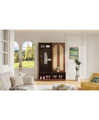 Streamdale Farmhouse Hall Tree - Rattan Doors, Bench, Hooks, Shoe Cabinet - Walnut, 55.1"W