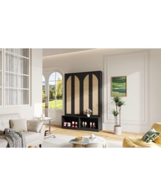 Streamdale Farmhouse Hall Tree- Rattan Doors, Bench, Hooks, Shoe Cabinet - Black, 55.1&amp;#x22;W