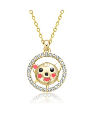 14K Gold Plated with Black Eyes Multi Color Enamel Bear Face Round Pendant Necklace For Kids