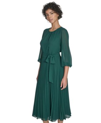 Petite Balloon Sleeve Shirred Neck Pleated Skirt Belted Midi Dress