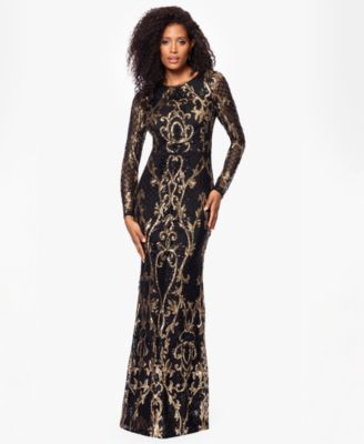 B&A By Betsy and Adam - Petite Sequinned Mesh-Sleeve Evening Gown