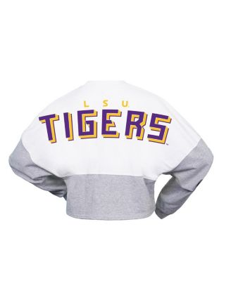 Women's White LSU Tigers Heather Block Cropped Long Sleeve Jersey T-Shirt