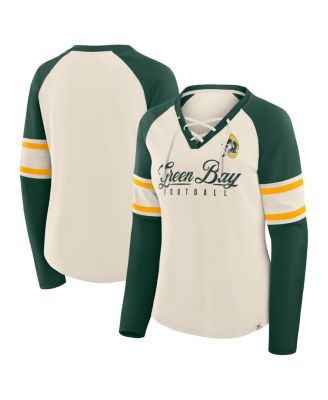 Fanatics - Women's Cream/Green Bay Packers Hometown Gridiron Hero Raglan Lace-Up V-Neck Long Sleeve T-Shirt