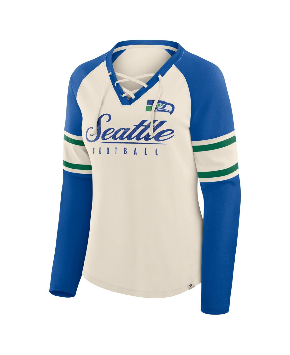 Fanatics Women's Cream/royal Seattle Seahawks Hometown Gridiron Hero Raglan Lace-up V-neck Long Sleeve T-shir In Neutral