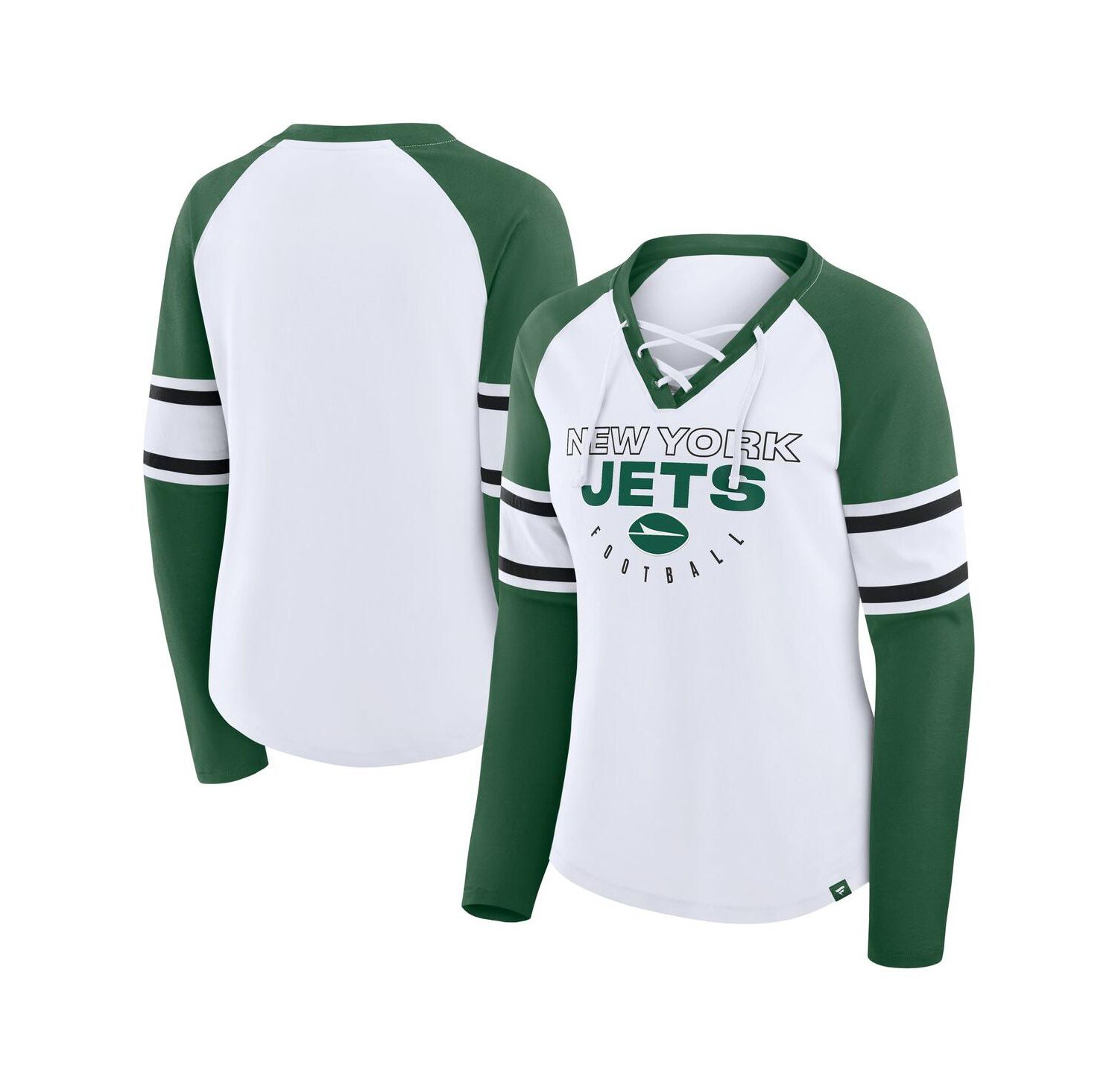 Women's White/Green New York Jets Redzone Blitz Package Raglan Lace-Up V-Neck Long Sleeve T-Shirt
