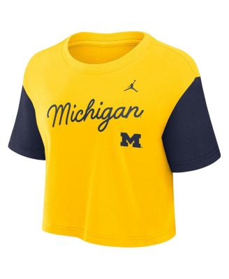 Women's Maize/Navy Michigan Wolverines Color-Block Script Dri-FIT Cropped T-Shirt