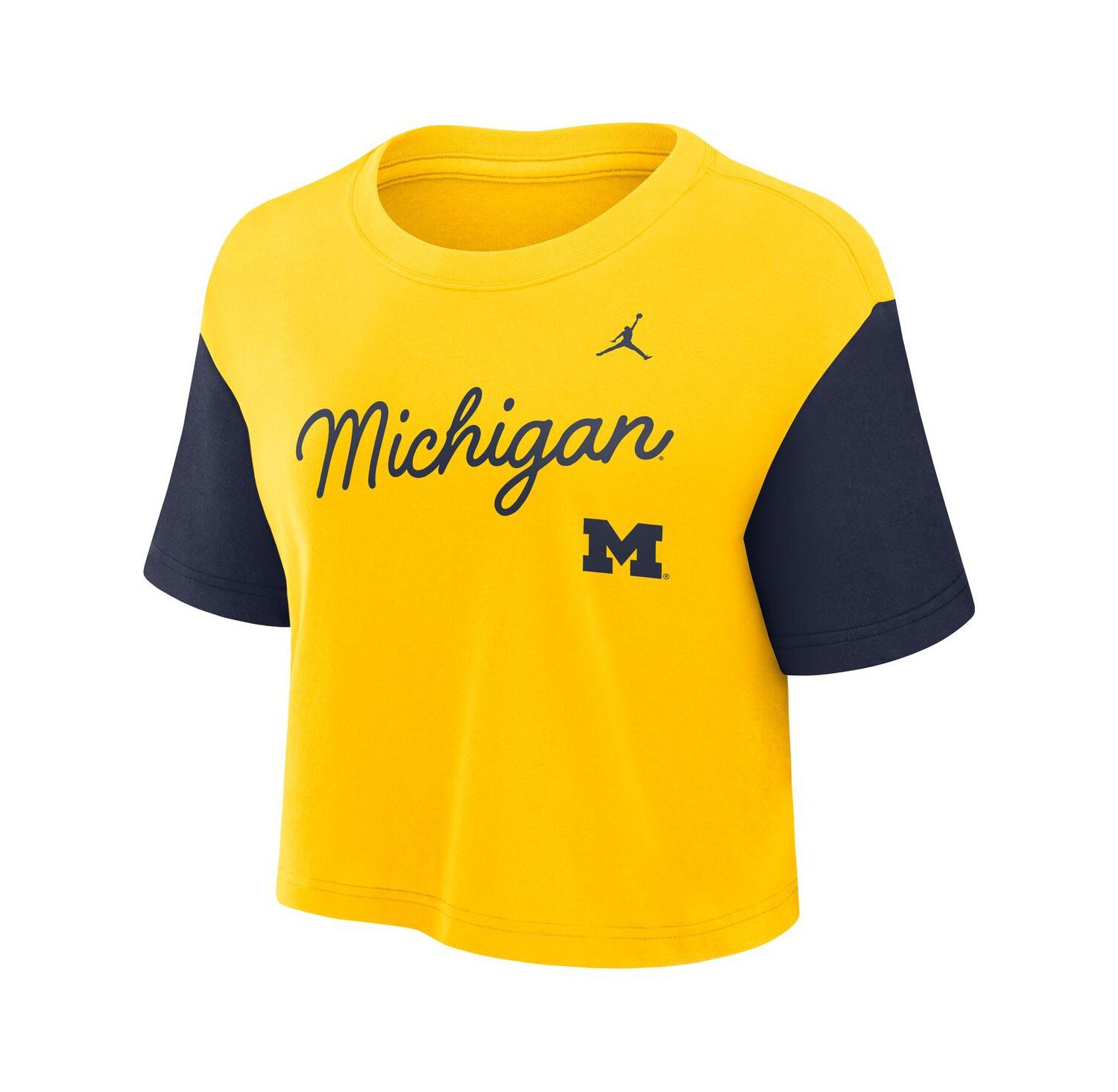 Women's Maize/Navy Michigan Wolverines Color-Block Script Dri-FIT Cropped T-Shirt
