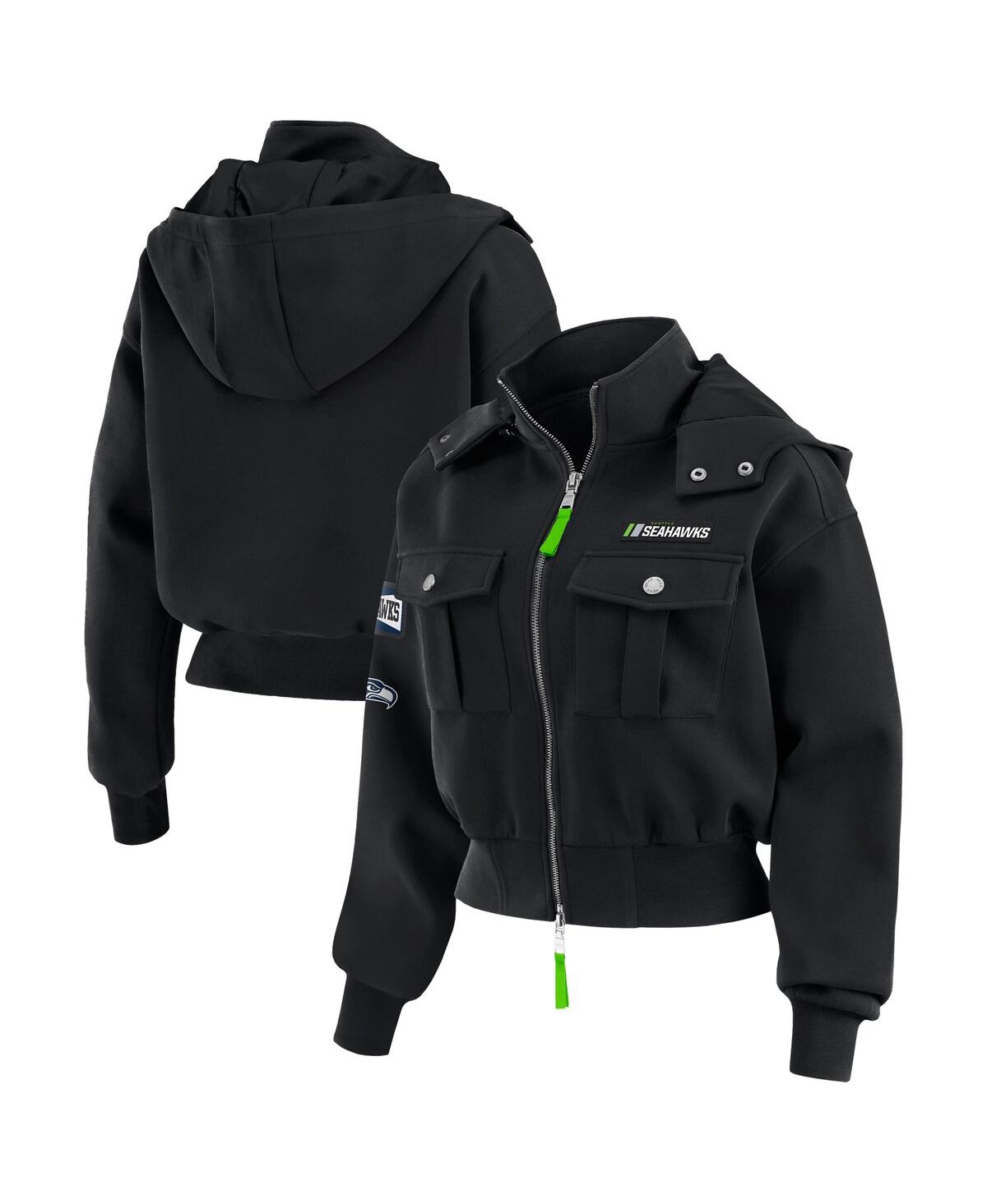Wear By Erin Andrews Women's Black Seattle Seahawks Patch Pocket Bomber Jacket In Black