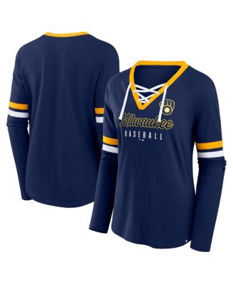 Fanatics - Women's Navy Milwaukee Brewers Won Done Raglan Lace-Up Long Sleeve T-Shirt