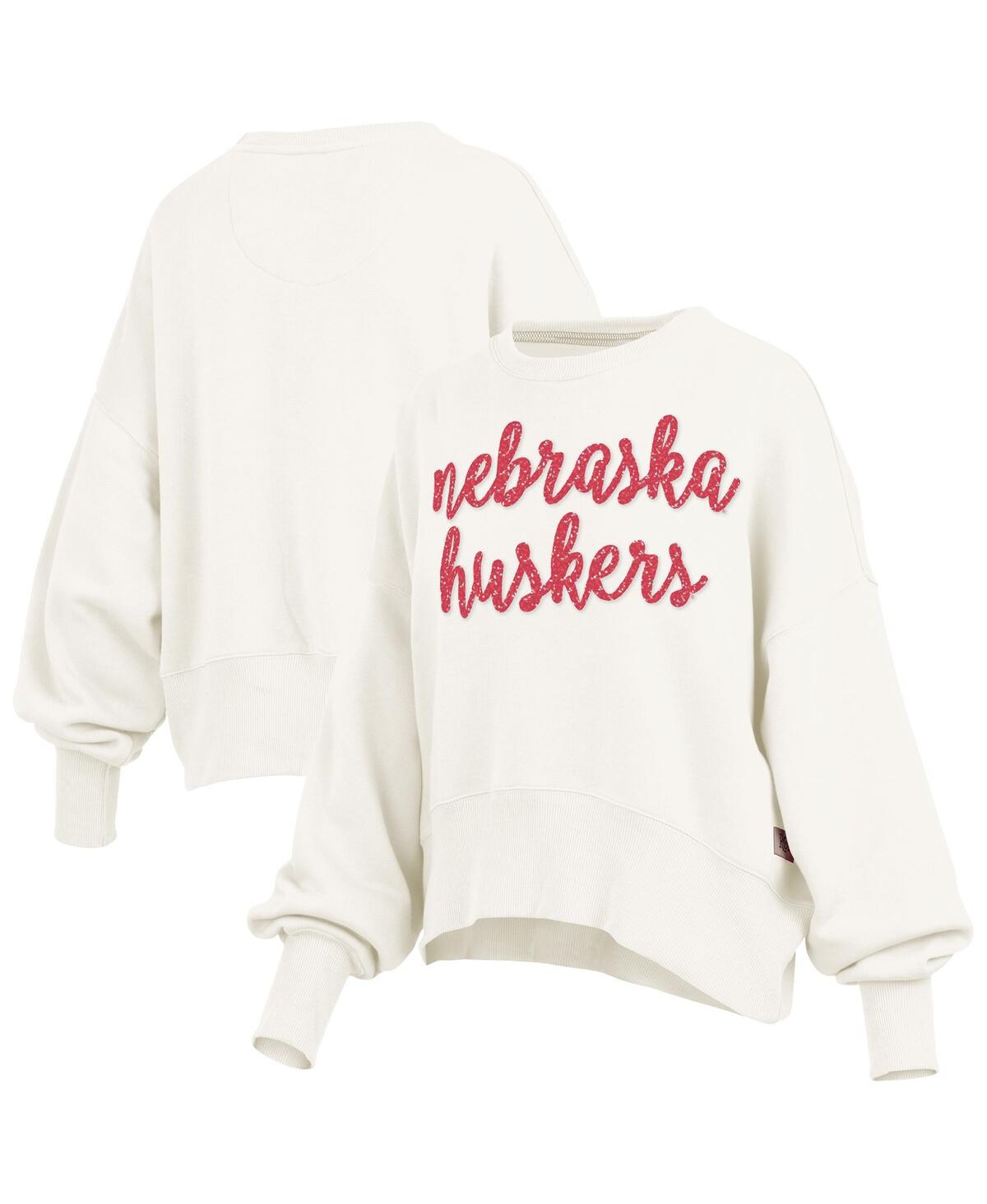Pressbox Women's Cream Nebraska Huskers Oversized Chelsea Waist Length Pullover Sweatshirt In White