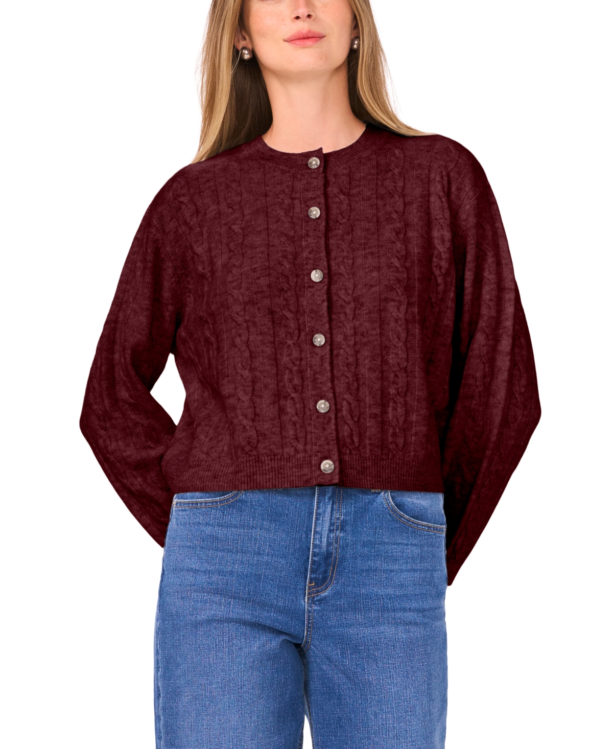 1.state Women's Long Sleeve Crewneck Cardigan Sweater In Burgundy
