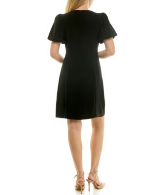 Petite Puff Sleeve Flower Trim Dress