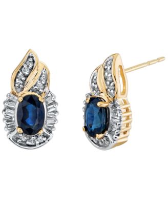 Sapphire (1-1/5 ct. t.w.), Diamond (1/4 ct.tw.), Round Diamond (1/10 ct.tw.) & Baguette Diamonds (1/5 ct.tw.) Earrings in 14k Yellow Gold
