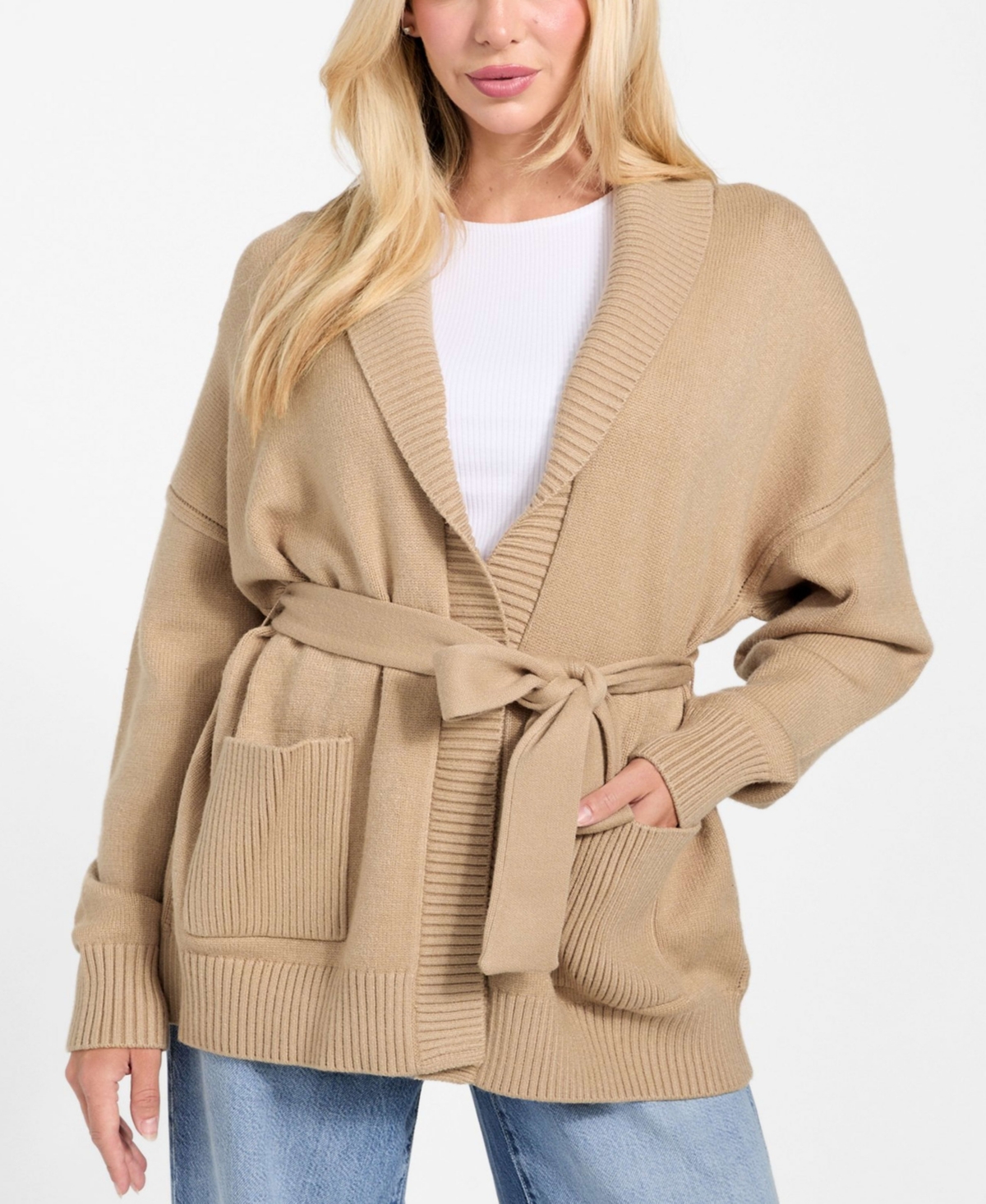 Guess Belted Shawl Collar Cardigan In Brown