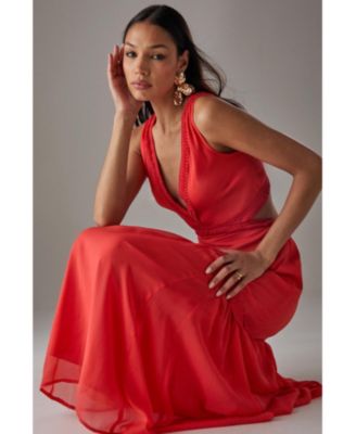 Women's Chiffon Fringe Trim Cut Out Maxi Dress