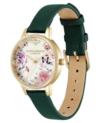 Women's Illustrated Floral Green Calfskin Leather Strap Watch, 30mm