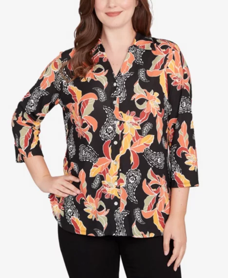 Petite Shirt Collar Floral Paisley Button Front Top - Black Multi