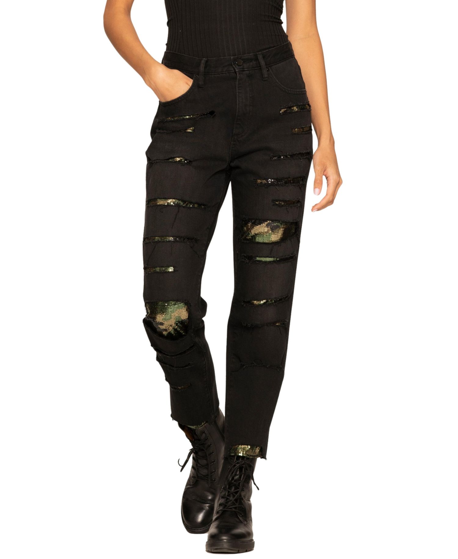 Women's High Rise Camo Sequin Straight Leg Jeans