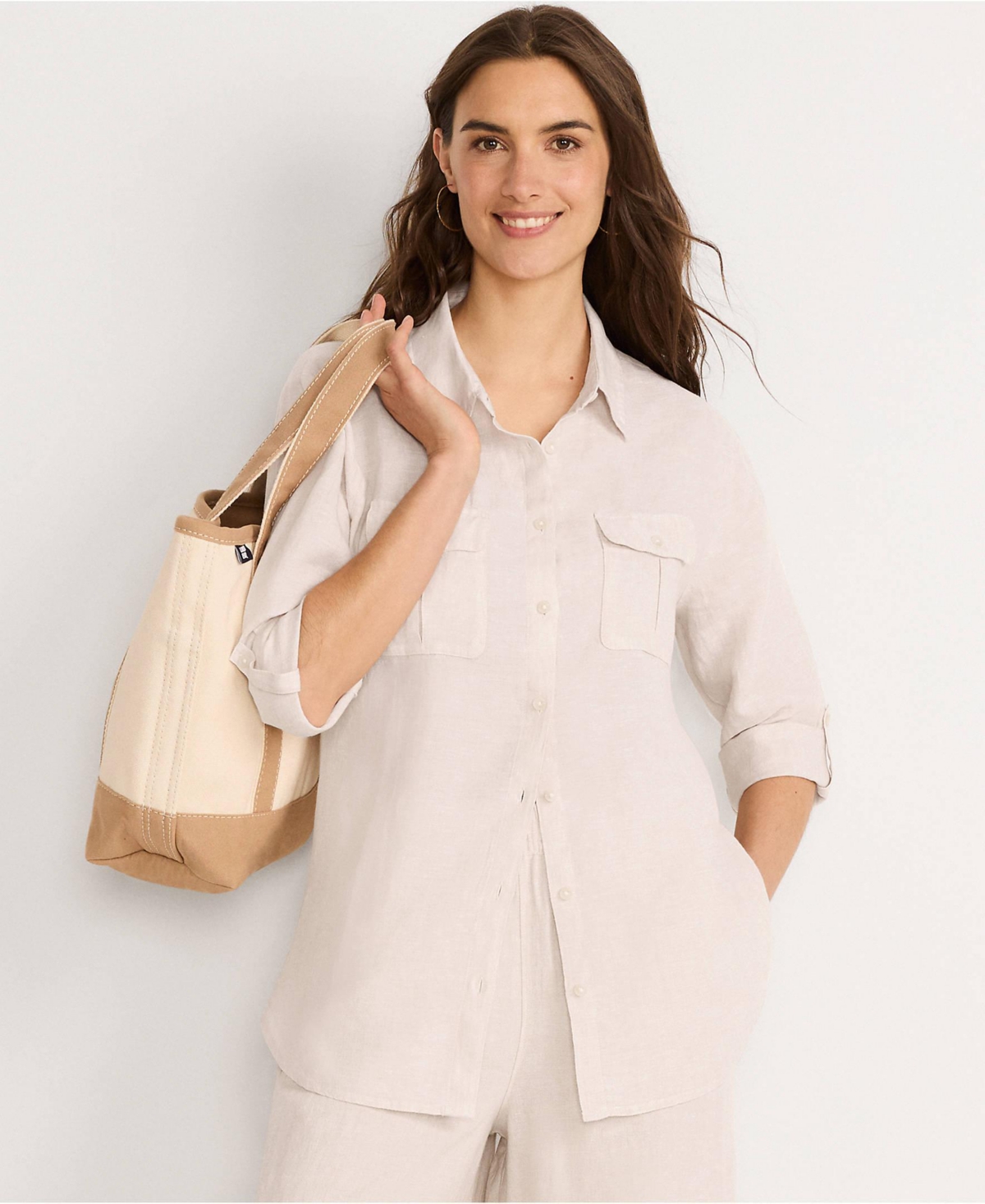 Lands' End Women's Linen Roll Sleeve Relaxed Tunic Top