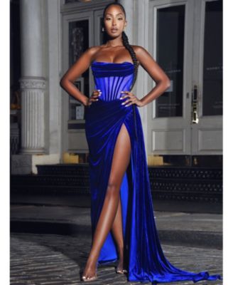 Women Priya Royal Blue Draping Corset High Slit Velvet Gown