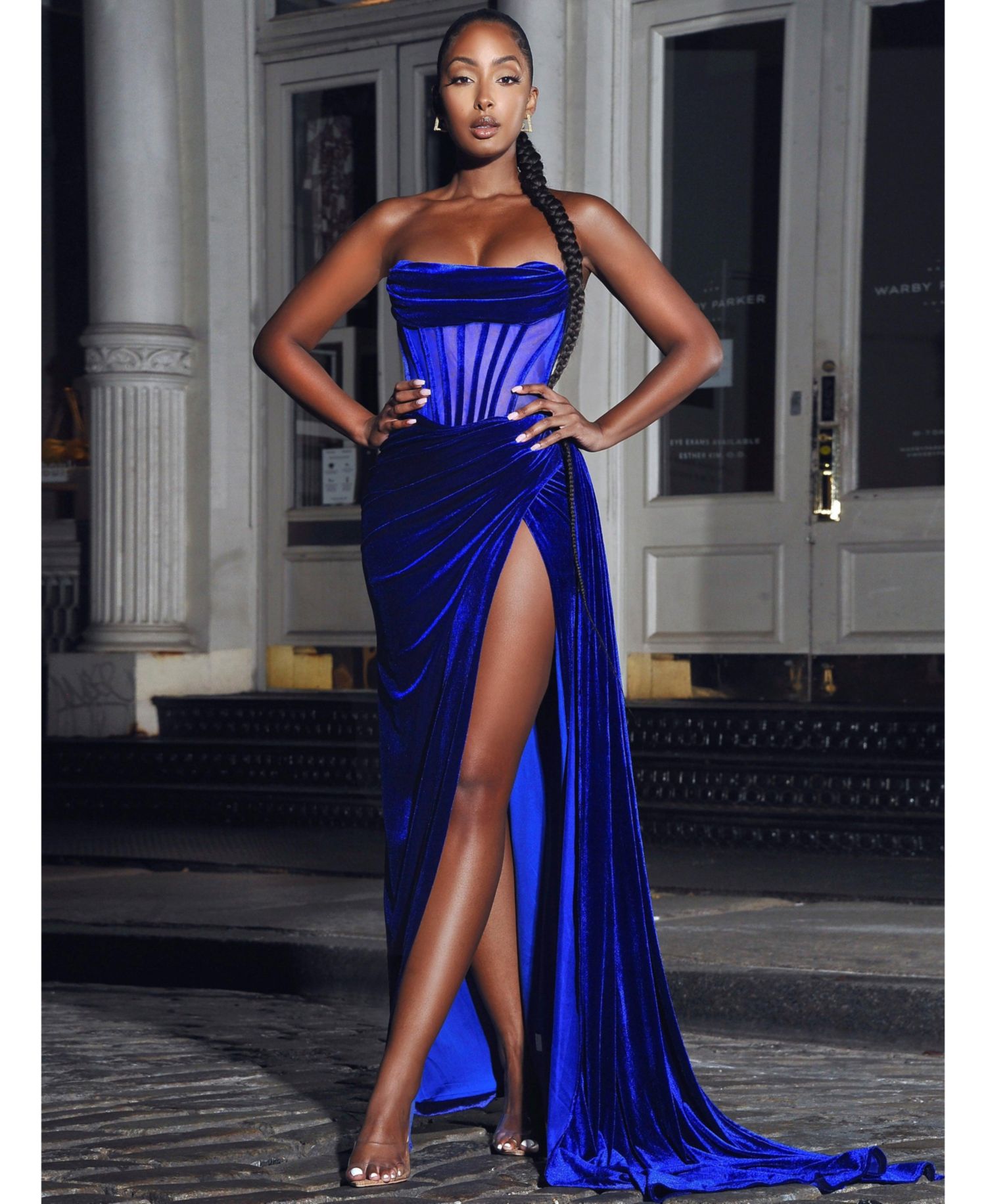 Women Priya Royal Blue Draping Corset High Slit Velvet Gown