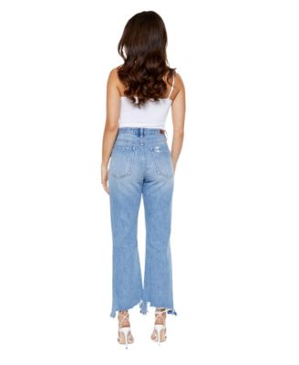 Women's Athens High Waisted Straight Leg Frayed Hem 100% Cotton Jeans