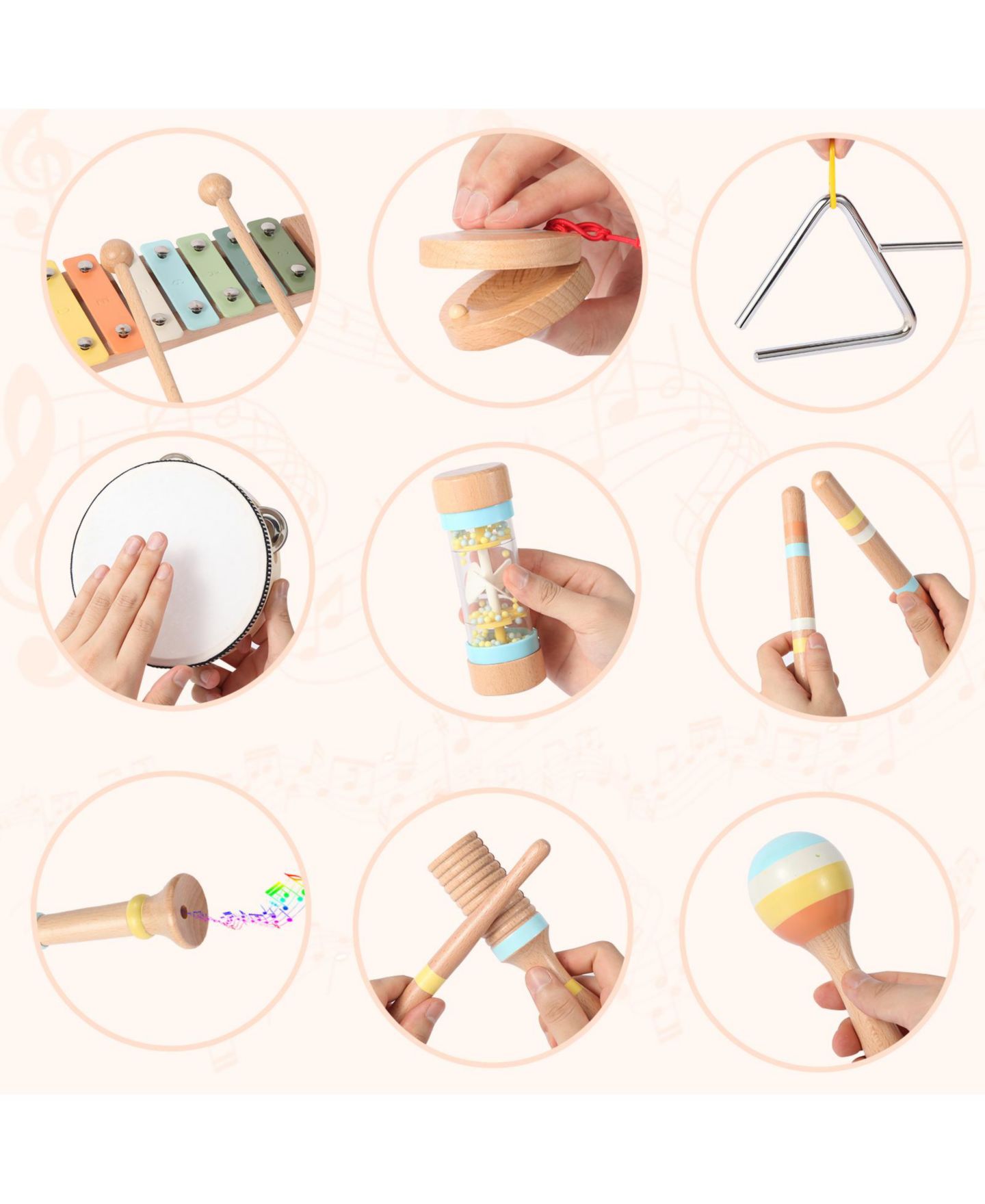 Детские игрушки SUGIFT Wooden Montessori Musical Instruments 9-Piece Set, Ages 1–5, цвет: Натуральный — фото 6
