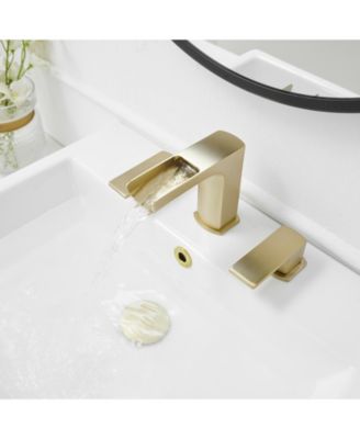 3 Holes Vanity Sink With Metal Drain Waterfall 8 in. Widespread Double Handle Gold Bathroom Faucet Set