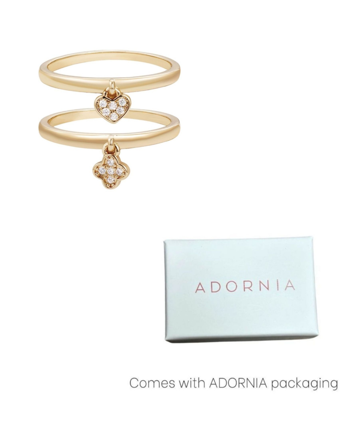 Adornia Gold Cubic Zirconia Dangling Heart And Clover Ring Set In Gold