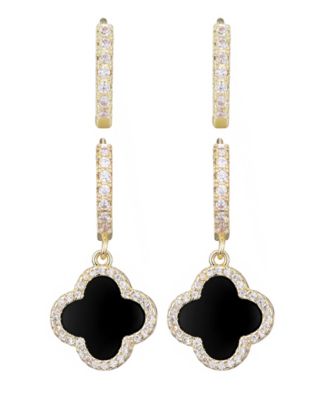Gold Plated Cubic Zirconia Halo Black Clover Huggie Earring Set