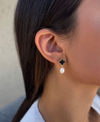 Freshwater Pearl Black Clover Drop Earrings