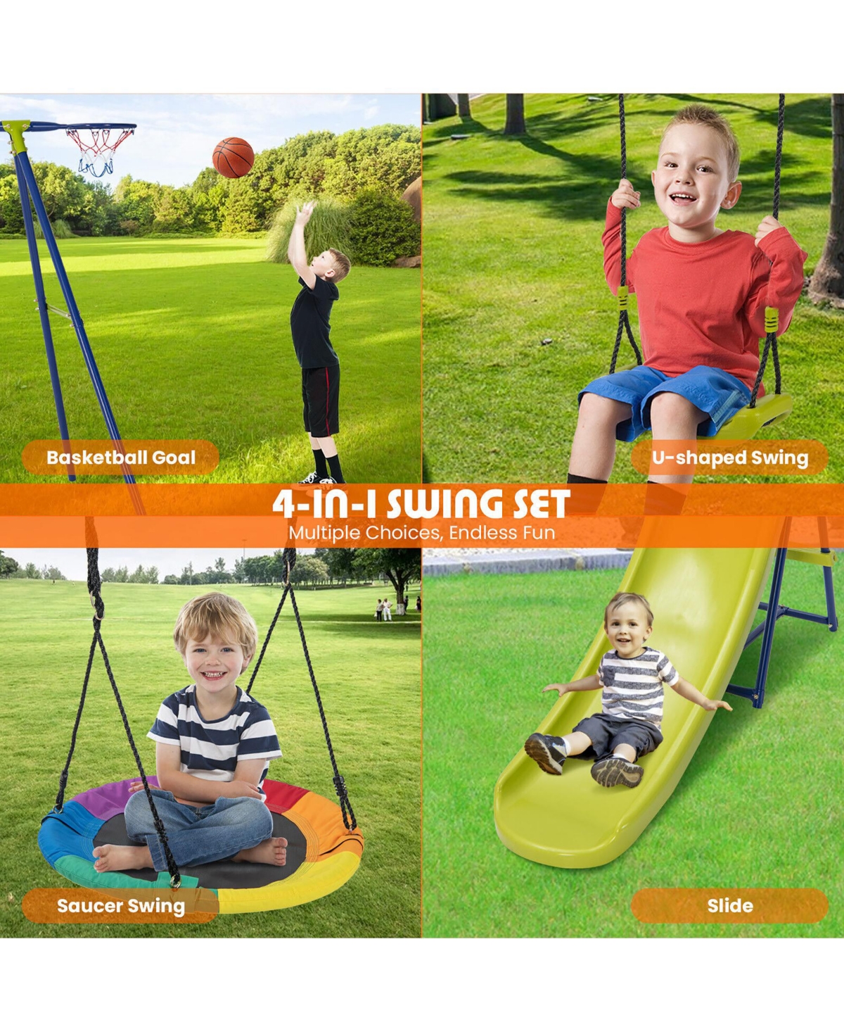 Gymax Kids 4-in-1 Swing Set for Backyard Heavy-Duty Metal Playset for 3-12 Years Old