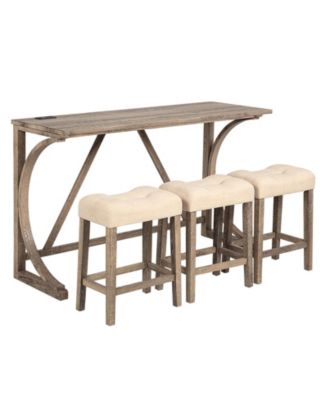 4 Piece Bar Table Set with Power Outlet and 3 Padded Stools for Dining or Living Room