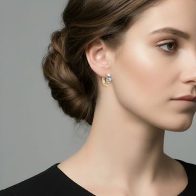 Sterling Silver 14K Gold Plated with Clear Cubic Zirconia Hoop Earrings