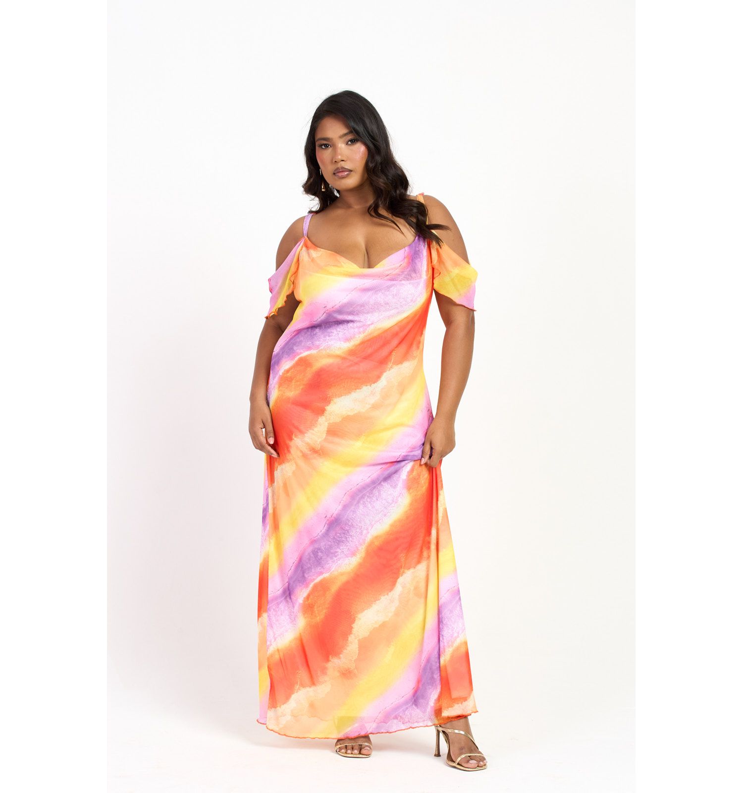Women's Cold Shoulder Marble Print Maxi Dress