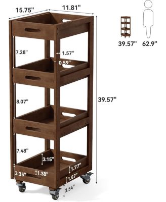 4-Tier Slim Kitchen Rolling Cart with Wheels, Solid Wood Storage Cart