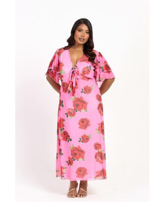 Women's Flutter Sleeve Tie Front Midi Dress