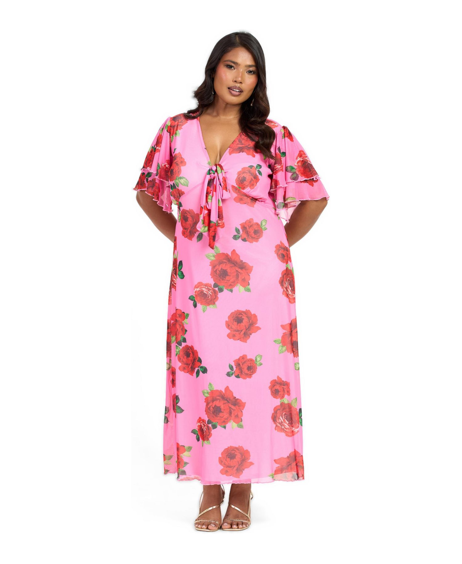 Women's Flutter Sleeve Tie Front Midi Dress