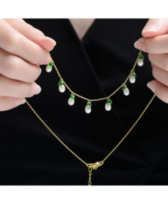 14K Gold Plated with Mother of Pearl and Green Cubic Zirconia Charm Necklace