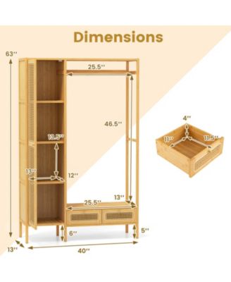 Bamboo Clothing Rack with Cabinet Hanging Rod Storage Shelf &amp; Drawers for Foyer