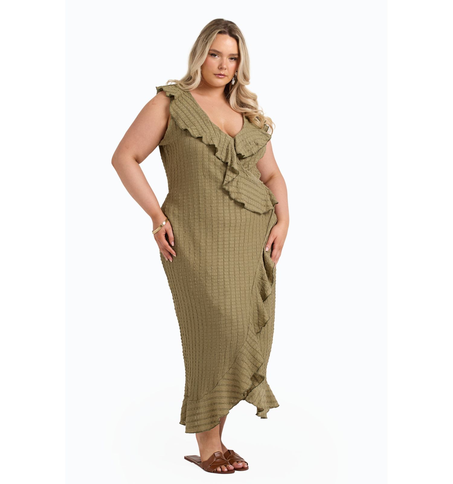 Women's Ruffle Wrap Sleeveless Midi Dress