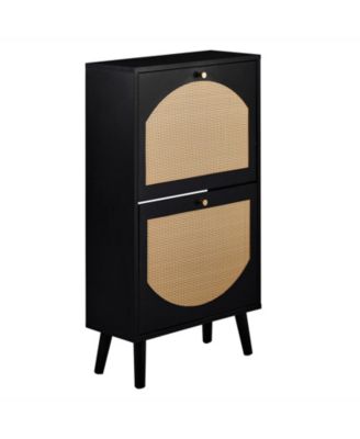 Two Dump Buckets Shoe Cabinet with High-Leg Frame and Original Wood Rattan Surface