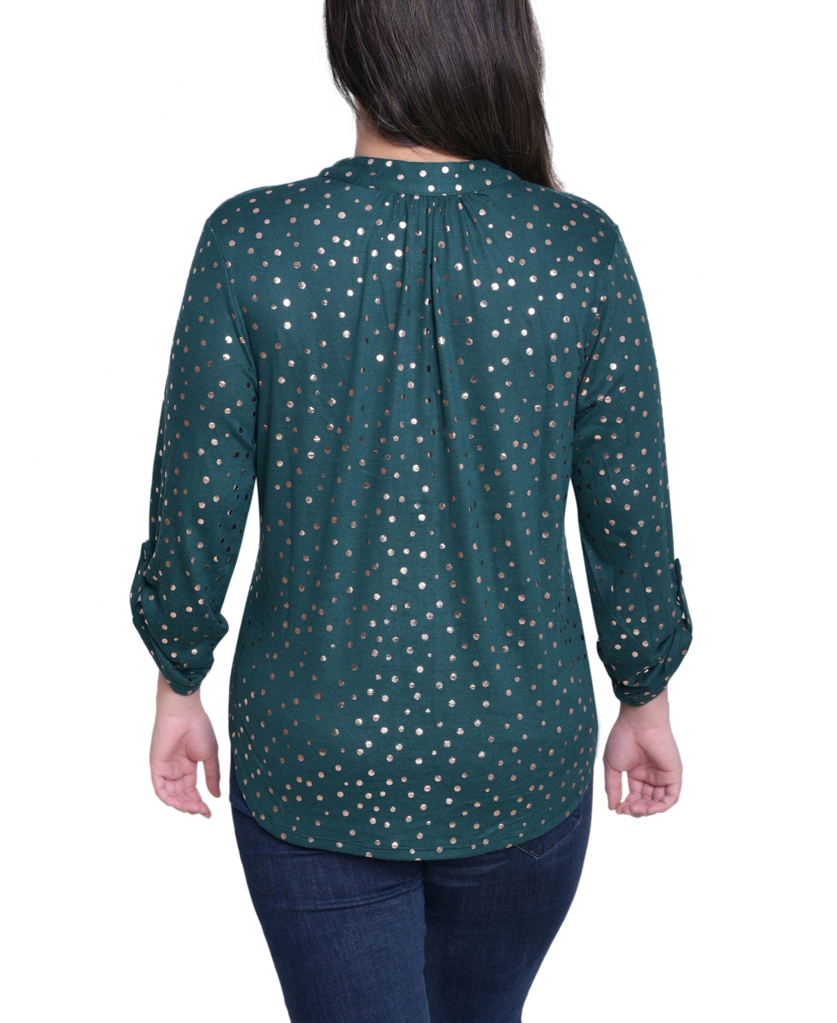 Ny Collection Petite Long Roll Tab Sleeve Tunic Top In Blue