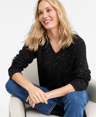 Petite Roving Sequin V-Neck Sweater, Macy's Exclusive 