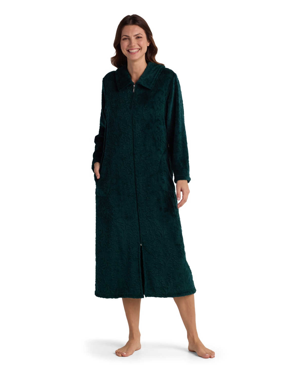Miss Elaine Women's Collared Long Robe In Green
