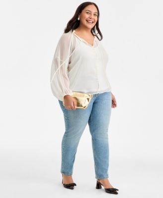 Trendy Plus Size Crinkle-Chiffon Tie-Neck Blouse, Macy's Exclusive