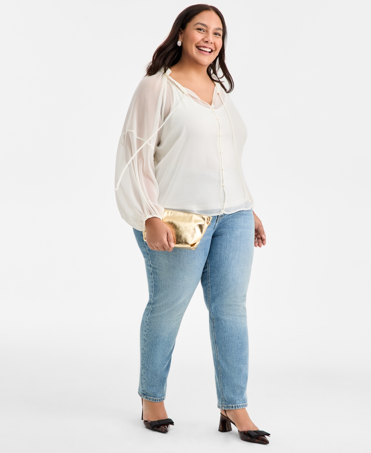 On 34th Trendy Plus Size Crinkle-chiffon Tie-neck Blouse, Macy's Exclusive In White